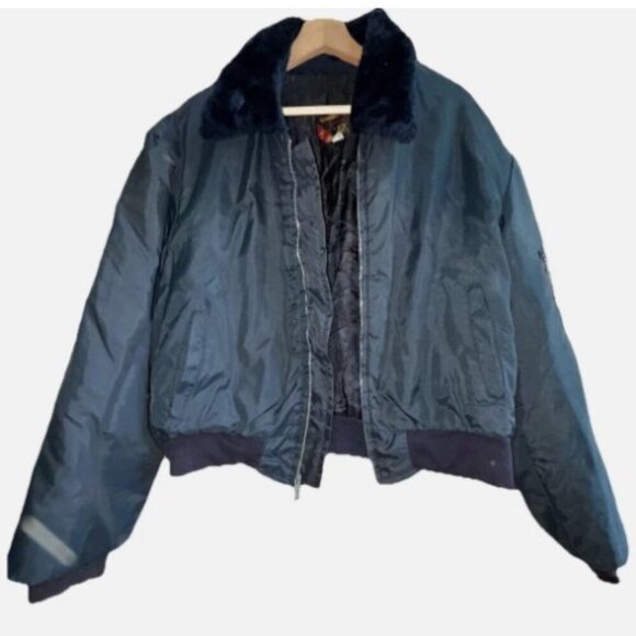 Vintage Navy Blue Bomber Jacket, EMAR Zipper, Quilted Inside Faux Fur Collar - Picture 2 of 16
